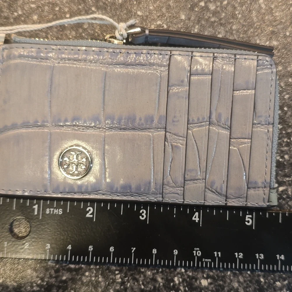 TORY BURCH Robinson Croc-Embossed Top-Zip Card Case Holder blue celadon $158 - Picture 3 of 11